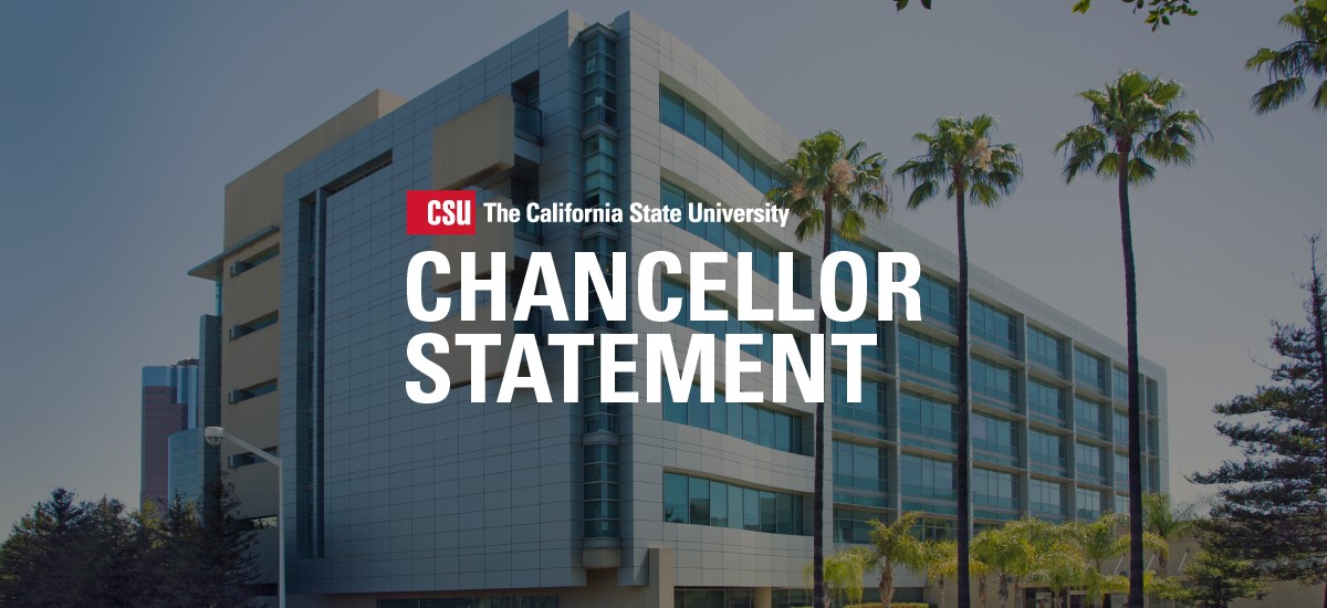 A photo of a large steel and glass building with the words chancellor statement over it