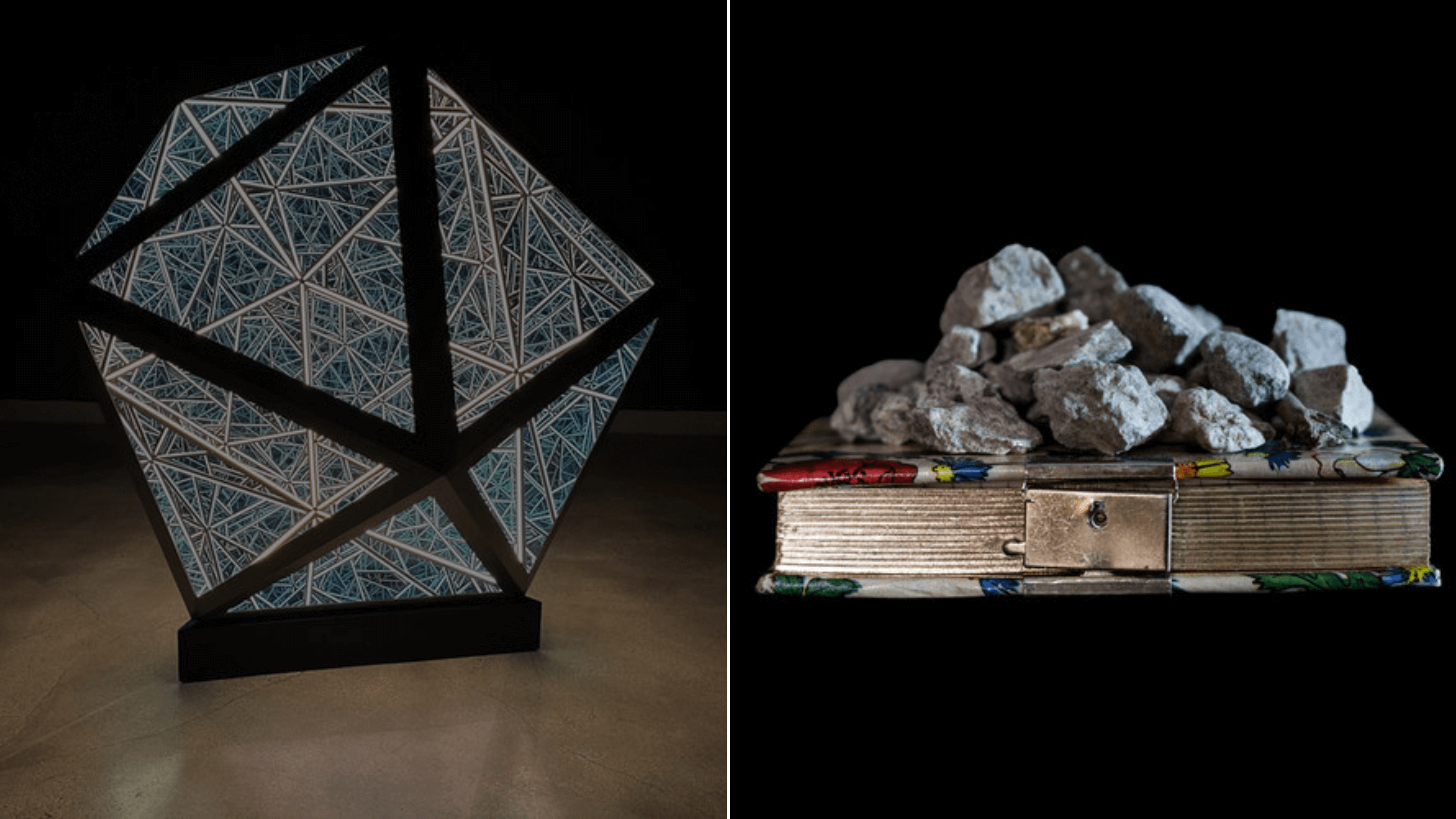 on the left a photo of a sculpture that looks like a prism and on the right a piece made of a journal with rocks on top of it