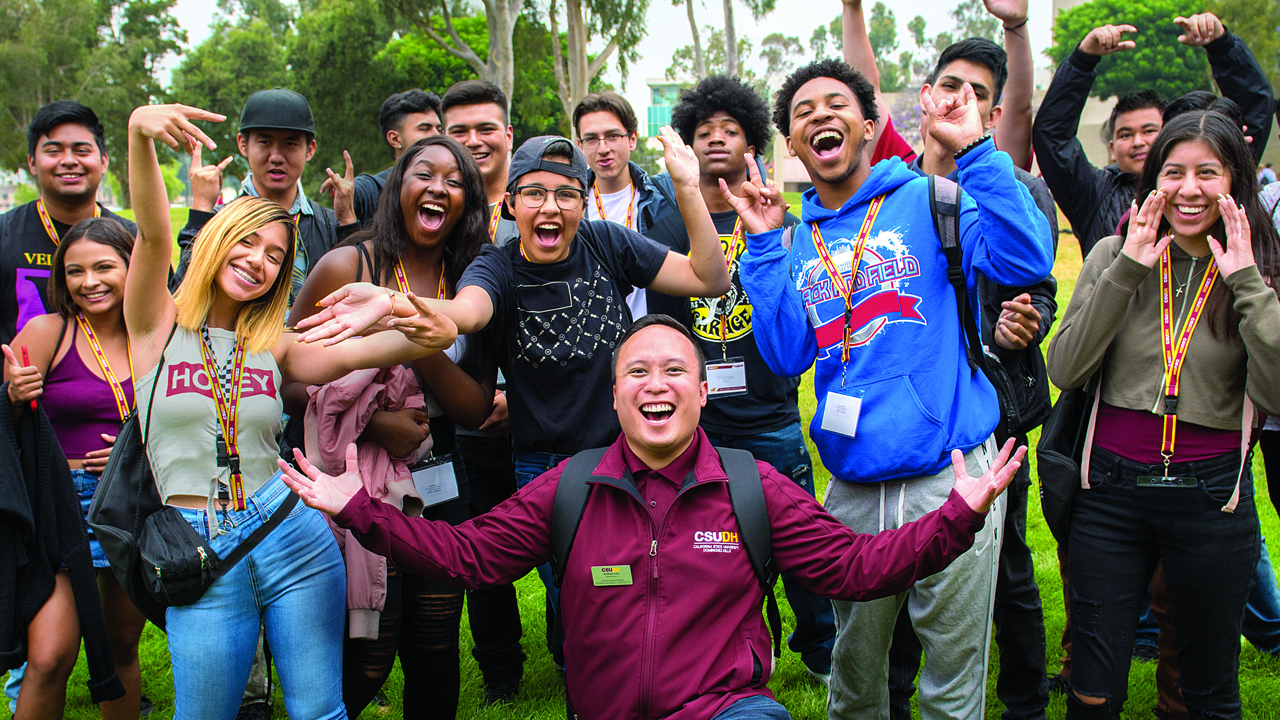 a group of future college students on campus for a preview day