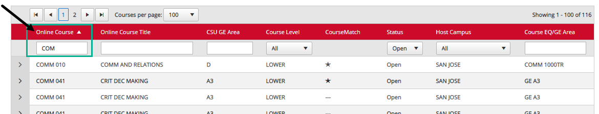Image shows arrow pointing to field below the Online Course column header with letters C O M typed. A partial view of the filtered course results displays.