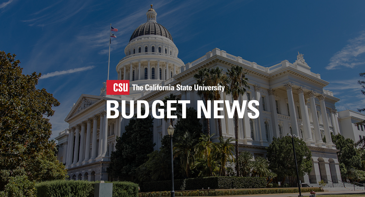 Image of California's Capitol Building with copy "Budget News" across the front.