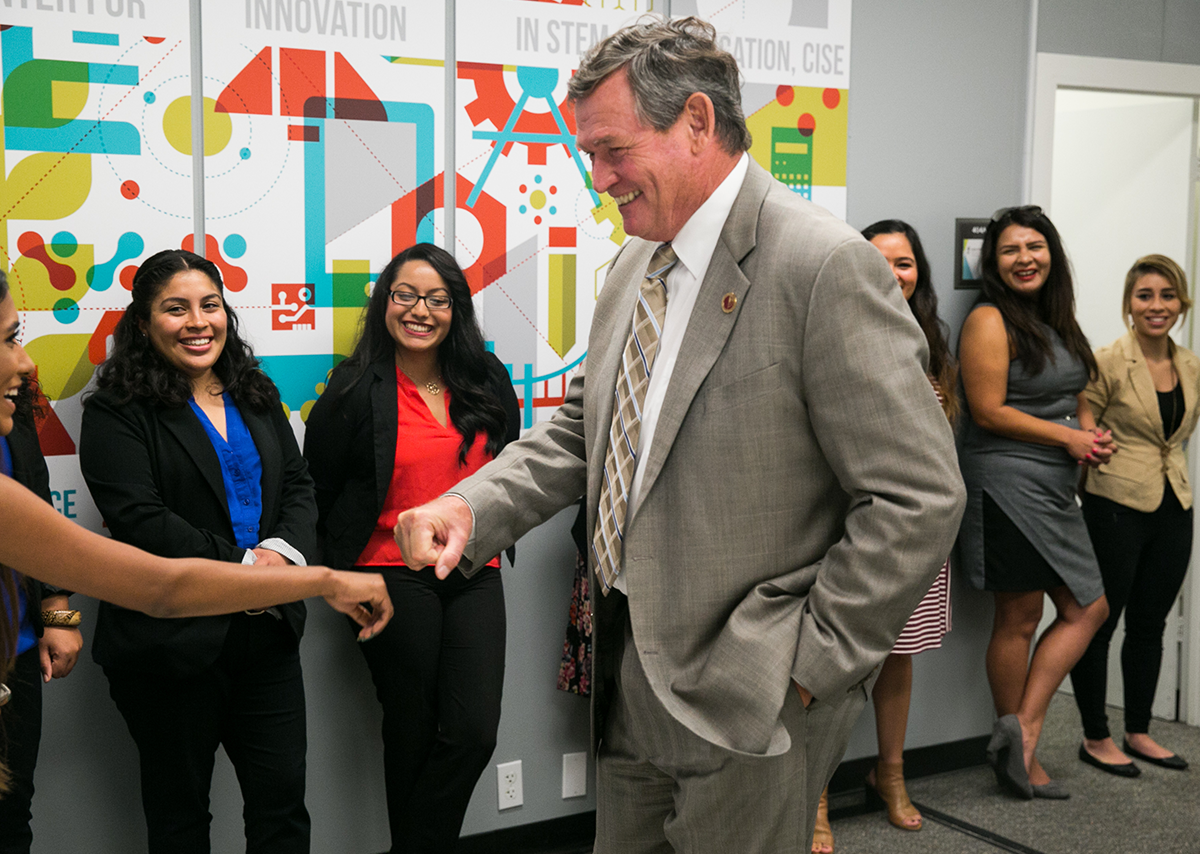 CSU Chancellor Emeritus White engaging with students at Cal State Dominguez Hills