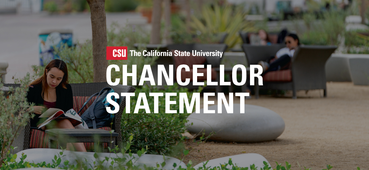Image of students on campus with the copy "Chancellor Statement" across the middle.