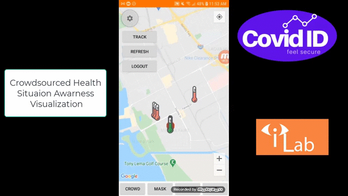 The map interface of the COVID ID app showing instances of fever.