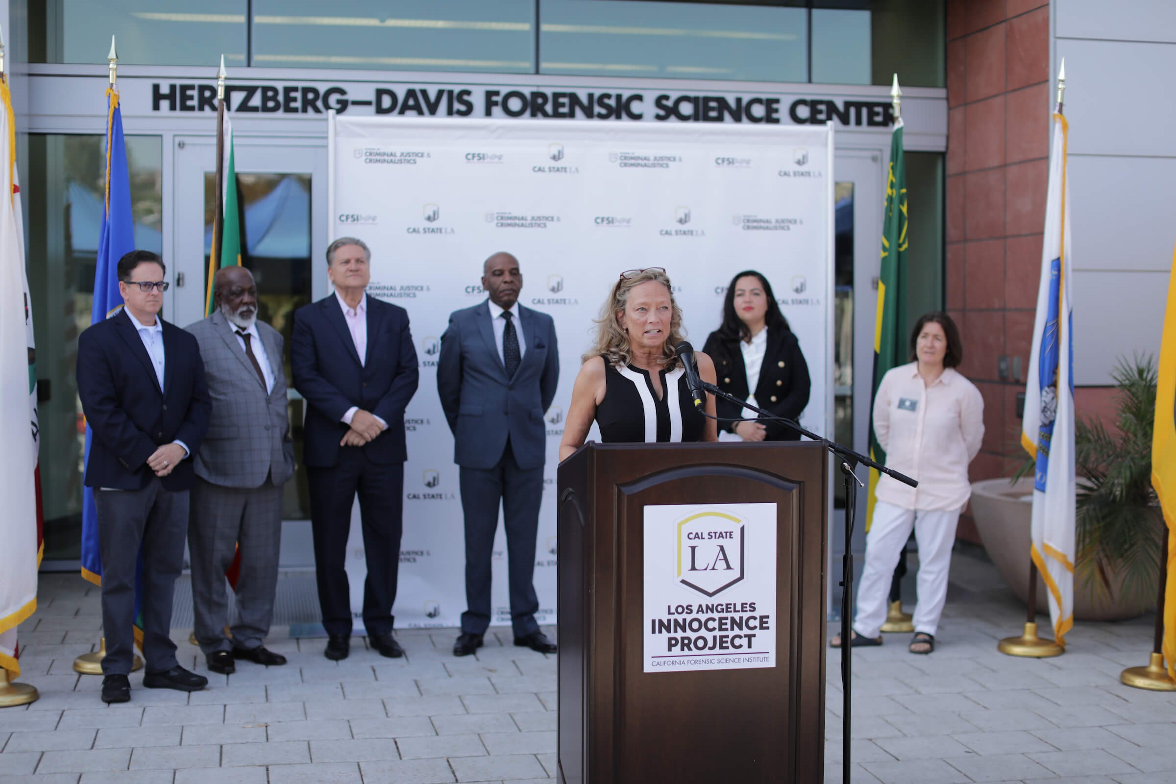 ​Los Angeles Innocence Project Director Paula Mitchell speaks at an August 2022 press conference.