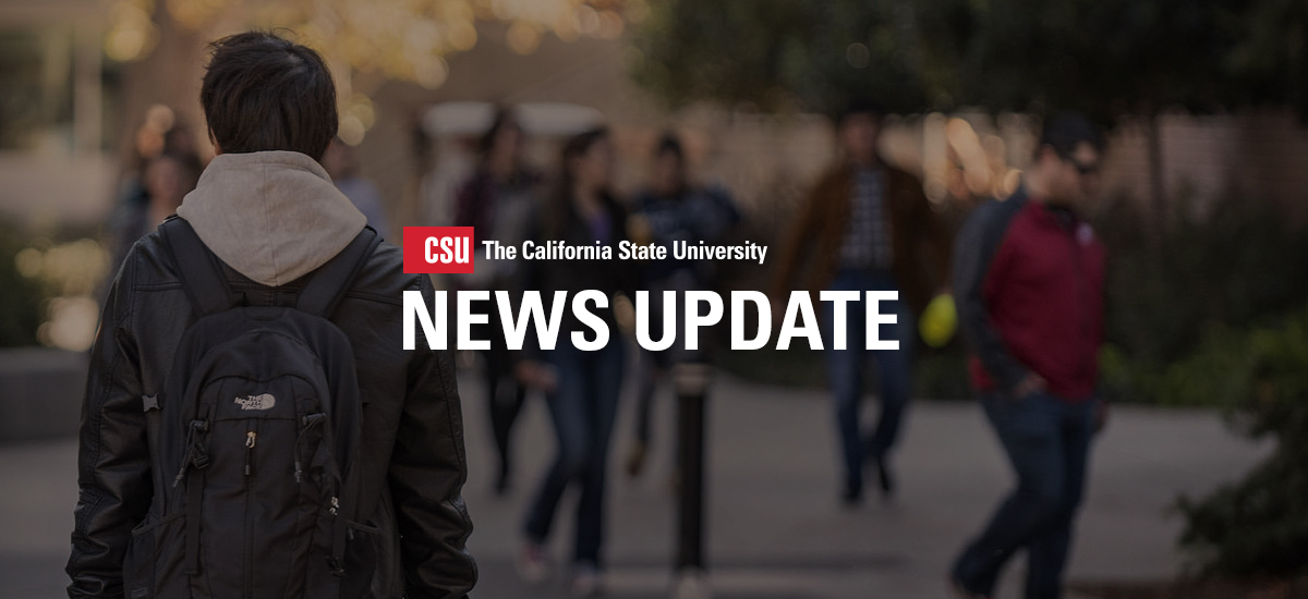 CSU student walking on campus with the copy "News Update" across the center.