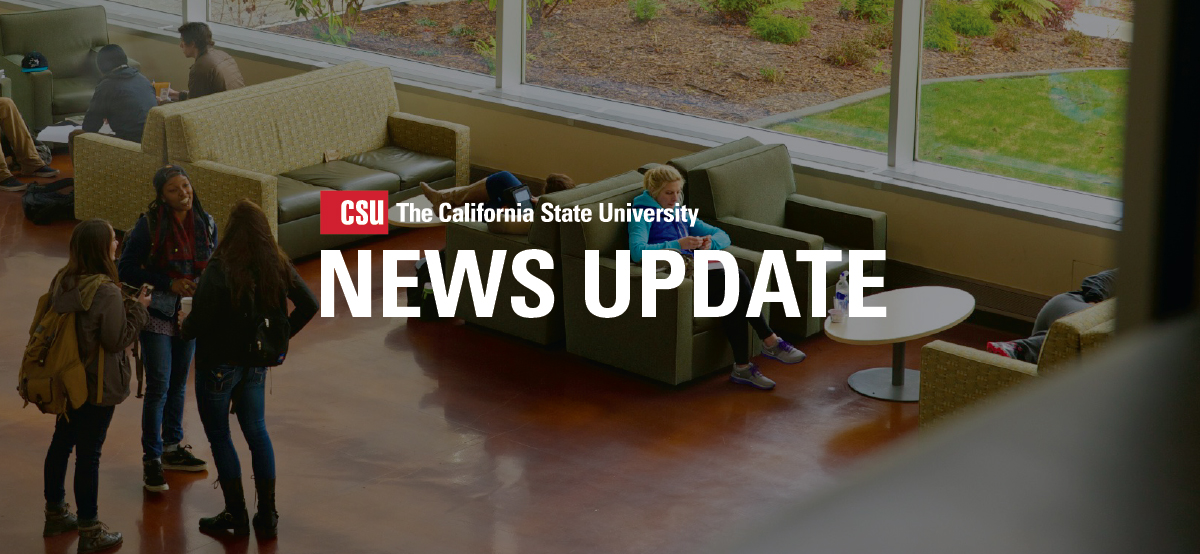 Students sitting in campus building with the copy "News Update" across the center.