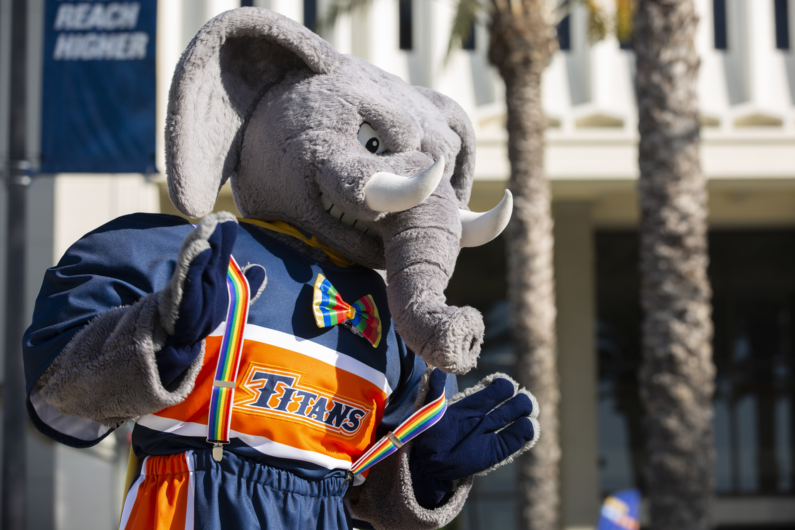 Tuffy the Titan is dressed to the nines for CSUF’s annual pride flag raising ceremony, 2019.
