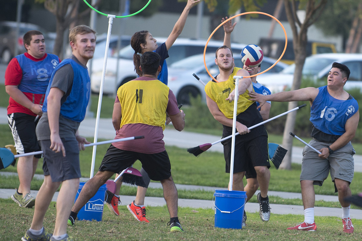 Students take part in an intramural quidditch tournament at the Bronco Commons at CPP, February 6, 2015.​