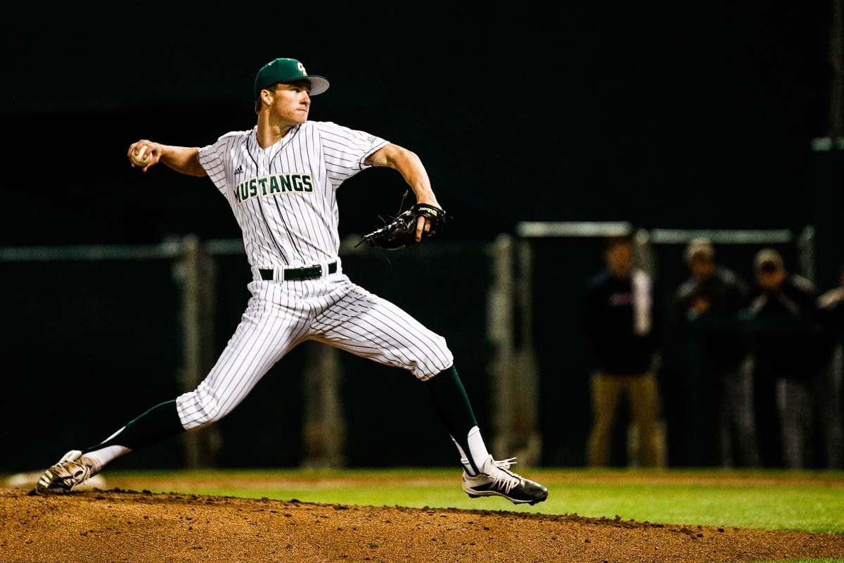 San Luis ObispoBobby Ay delivers a pitch as Cal Poly San Luis Obispo baseball hosts Pepperdine in their February 18, 2020 home opener at Baggett Stadium. 