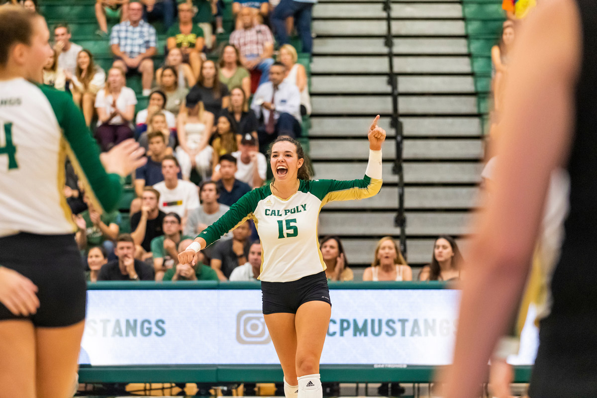 Women’s volleyball o​​utside hitter Maia Dvoracek celebrates a point over Cal State Long Beach on the Mustangs’s way to sweeping CSULB 3-0 at home on Sept