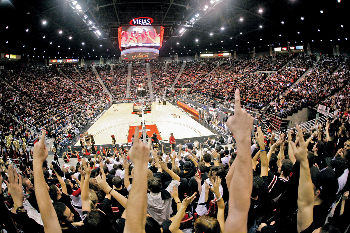 San DiegoStudents make some noise during a San Diego State basketball game on January 23, 2010 against Brigham Young at Viejas Arena.