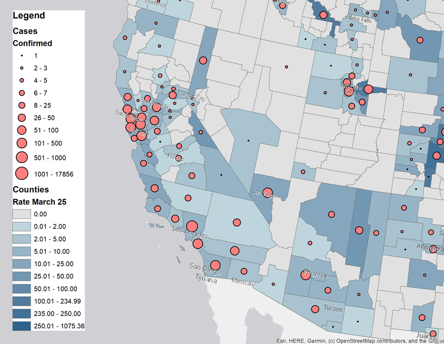 CSUN map of southwestern U.S. tracking COVID-19 cases