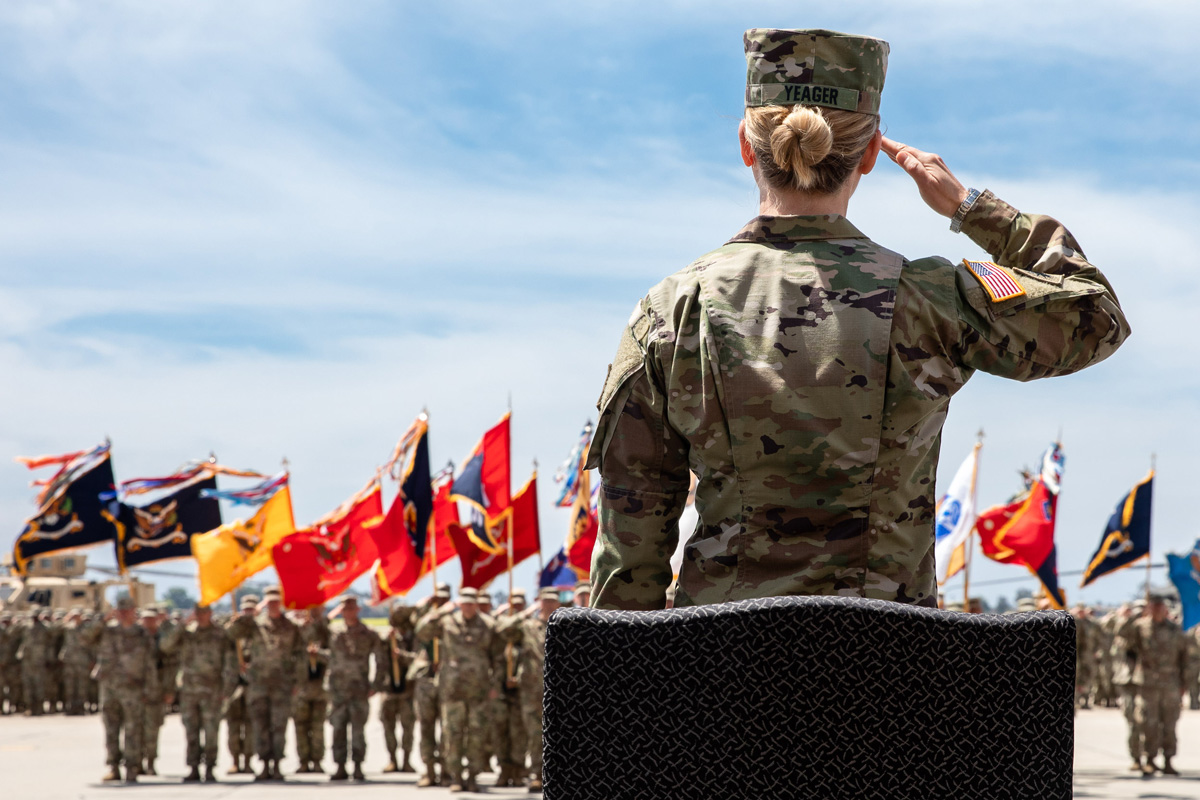 Alumni Major General Laura Yeager, who graduated from CSULB’s ROTC program, takes over command at Los Alamitos Army Airfield.