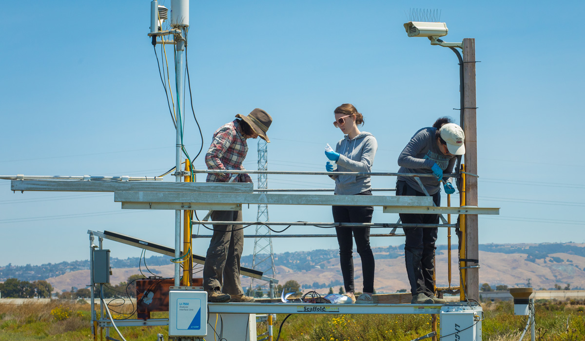 Professor Patty Oikawa works with students on the Eddy Covariance Flux Tower, 2018.