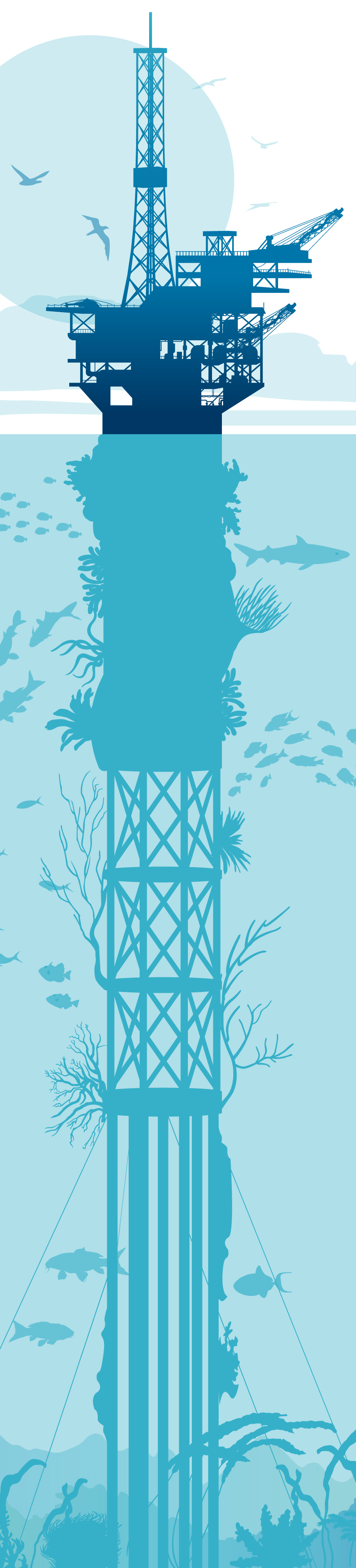 A graphic shows an oil platform that spans from the very top, to the water’s edge, to the seafloor.