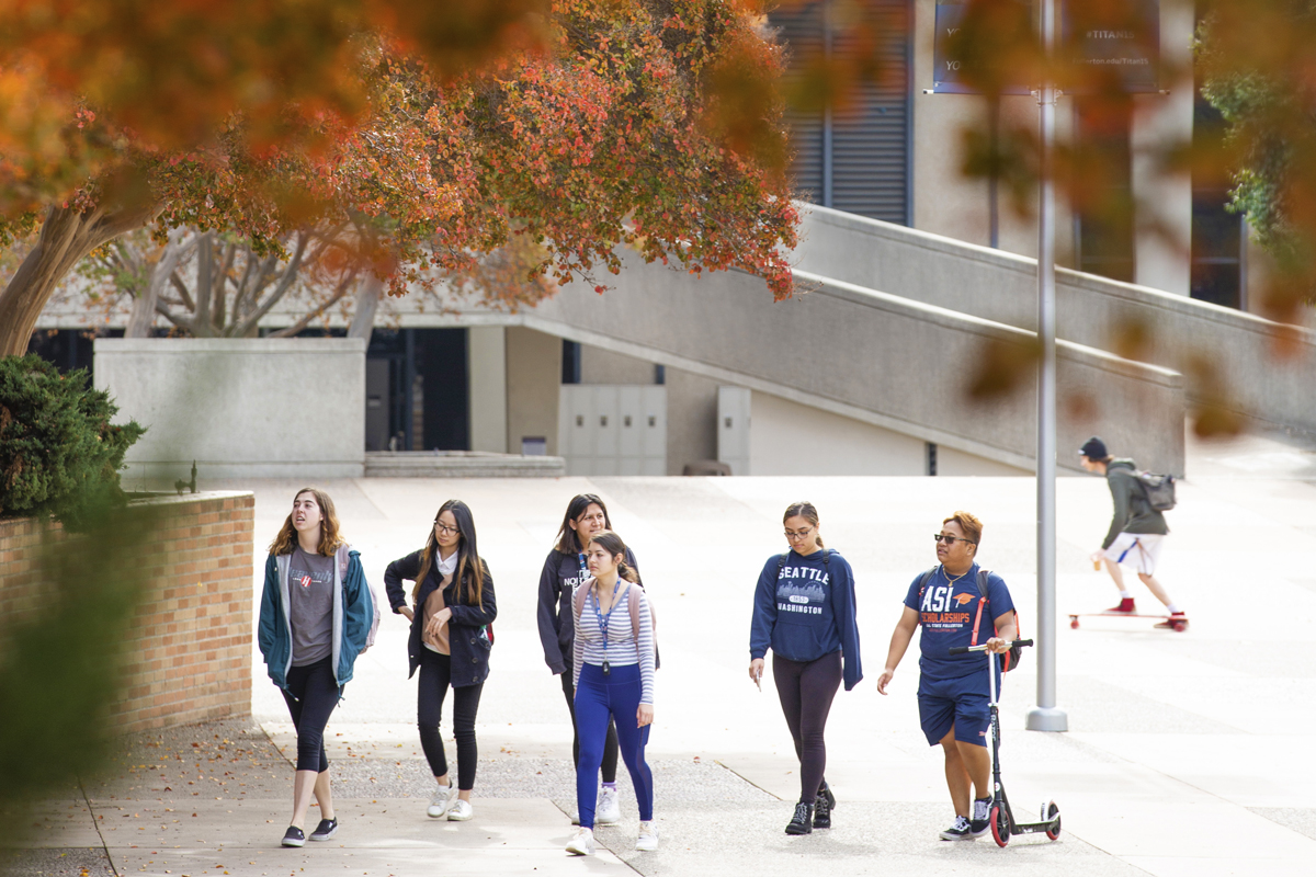 Students make their way around campus, 2019.