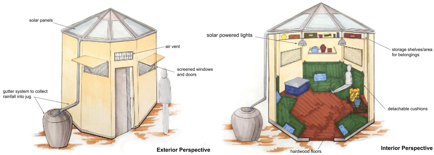 Drawings of the interior and exterior of the shelter.