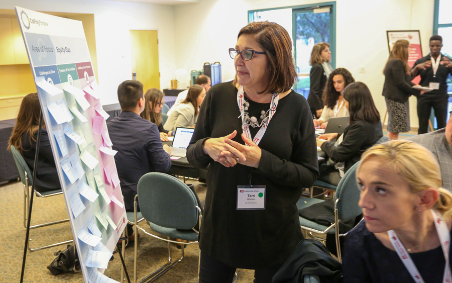 During the spring 2019 program session, Dr. S. Terri Gomez brainstorms solutions to equity gaps at CPP with her team.