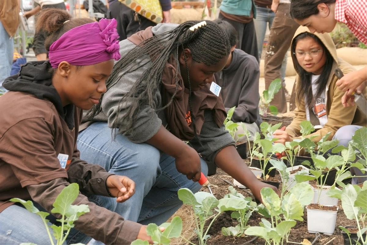 female students tending to a garden