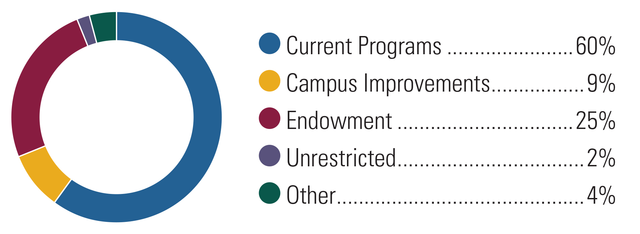 Current Programs 60%, Campus Improvements 9%, Endowment 25%, Unrestricted 2%, Other 4%