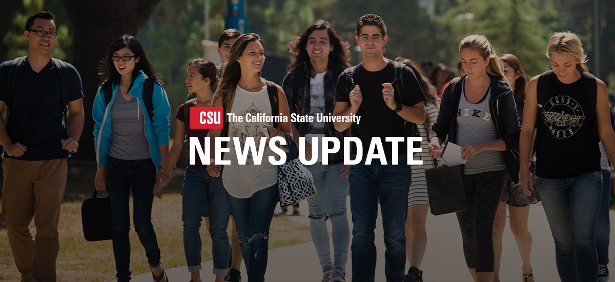 A group of students walking on campus with the copy "News Update" across the center.