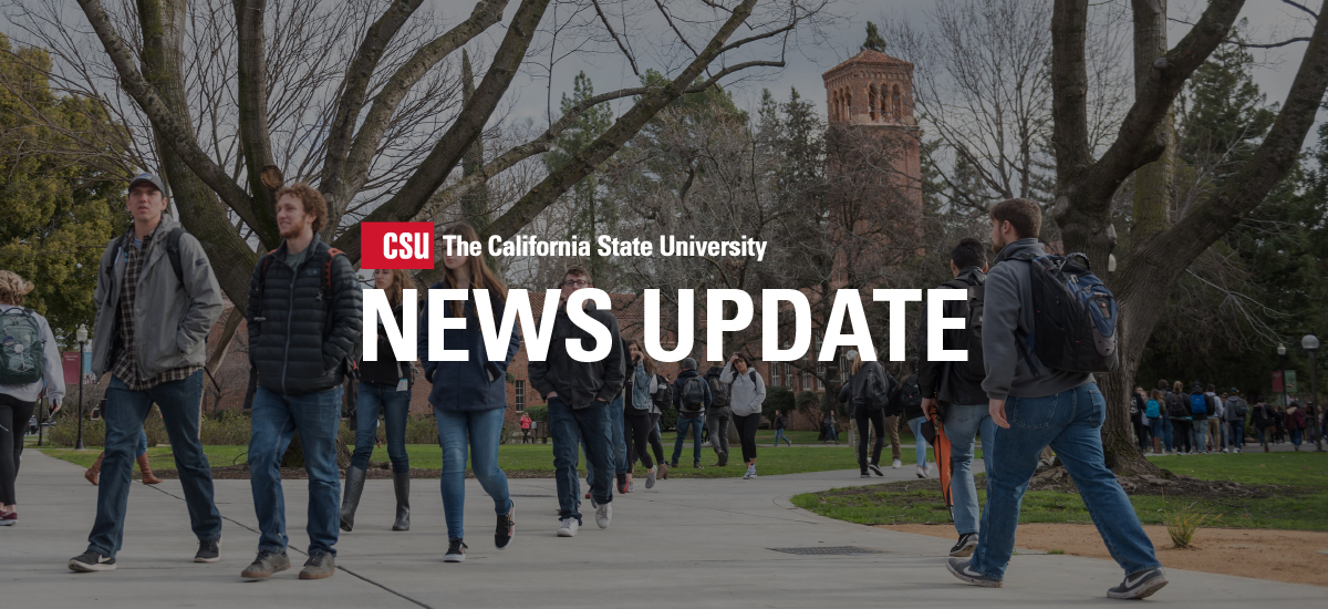 Multiple students walking on campus with the copy "News Update" across the center.
