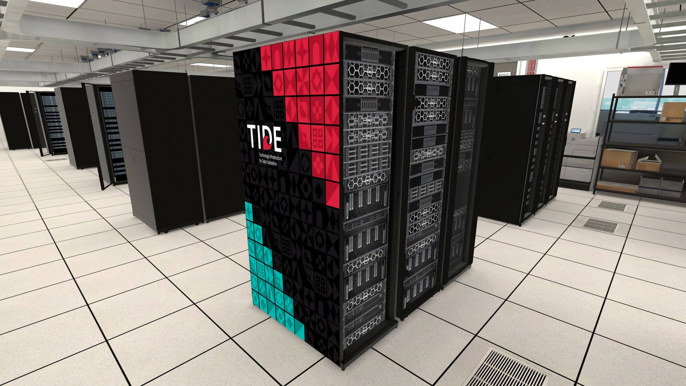 rendered image of servers with TIDE logo