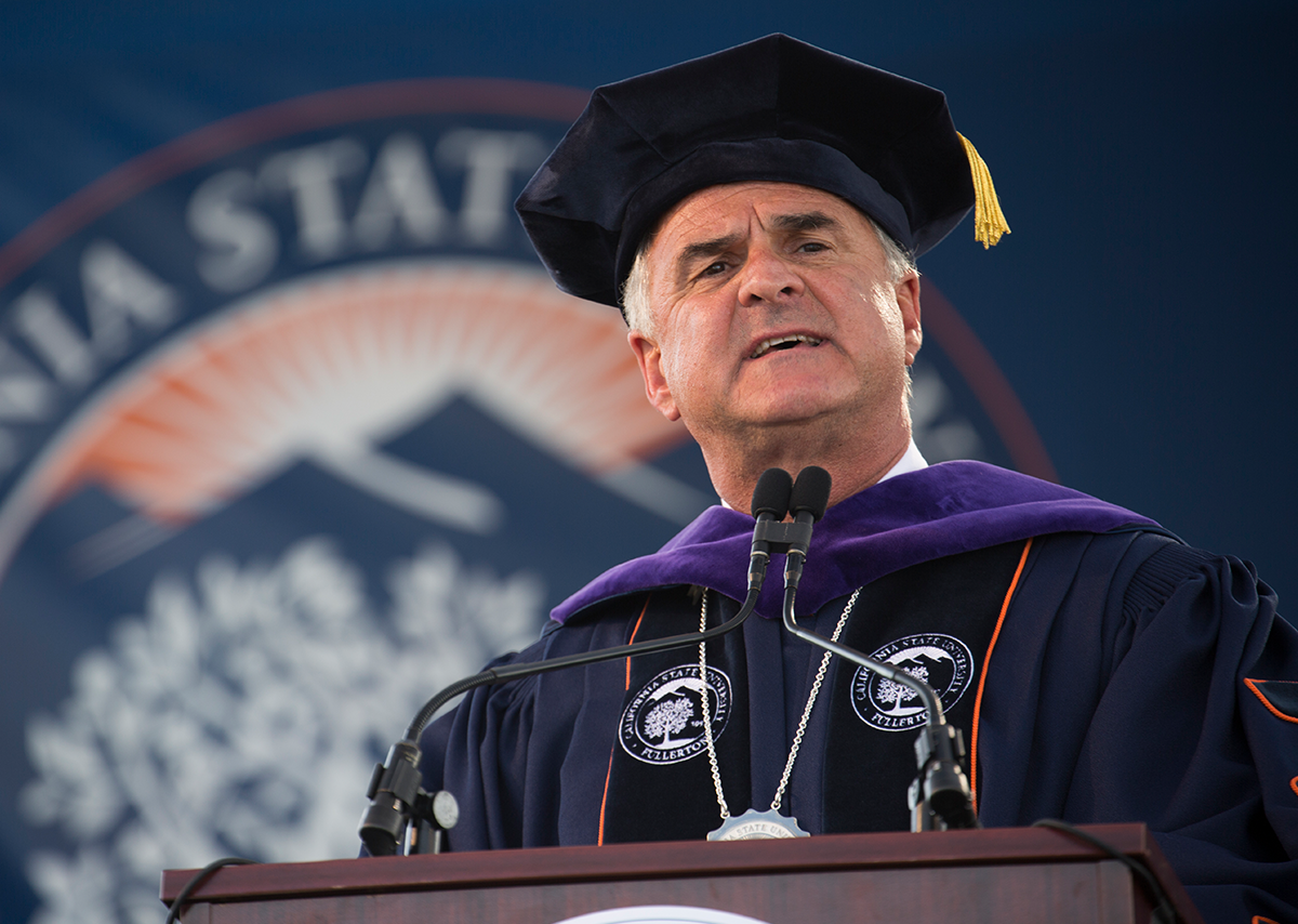 Cal State Fullerton President Virjee speaking at graduation ceremony