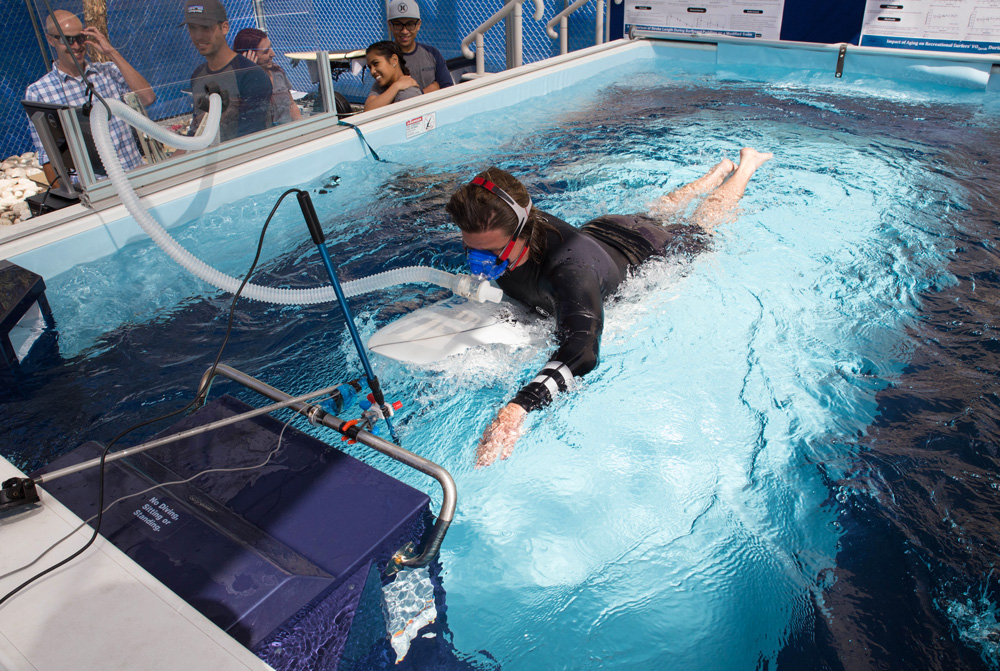 San Marcos​   April 25, 2016Researchers measure oxygen consumption as a student paddles on a surfboard.