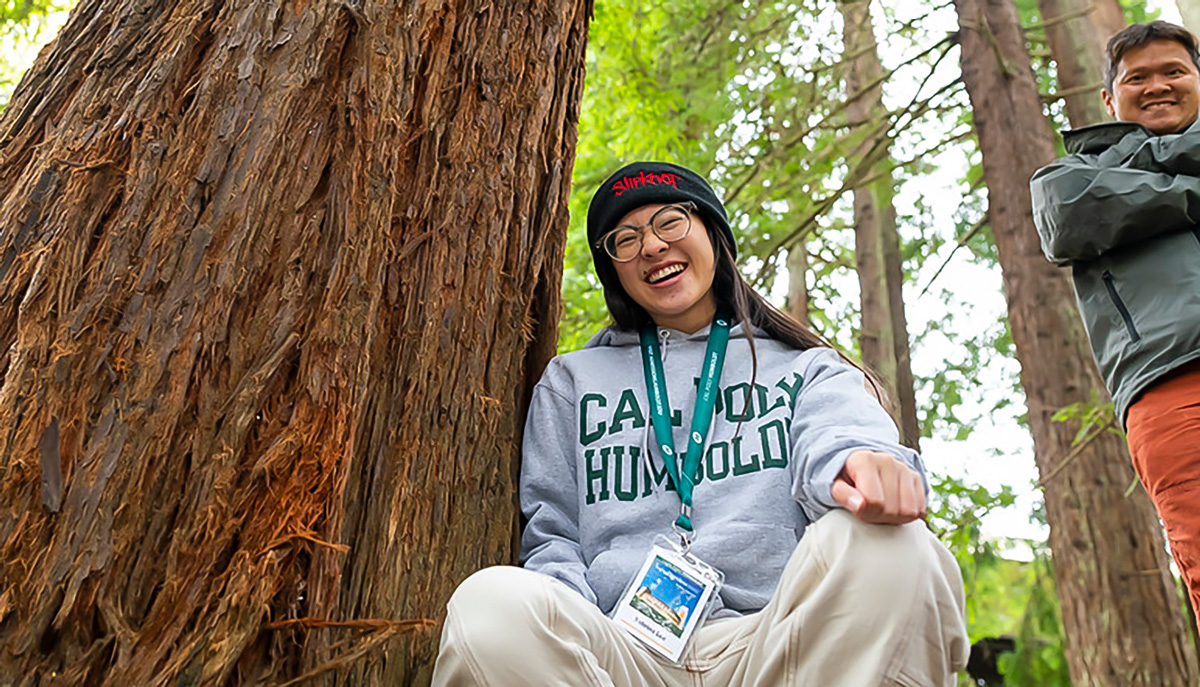a young person wearing a cal poly humboldt sweatshirt