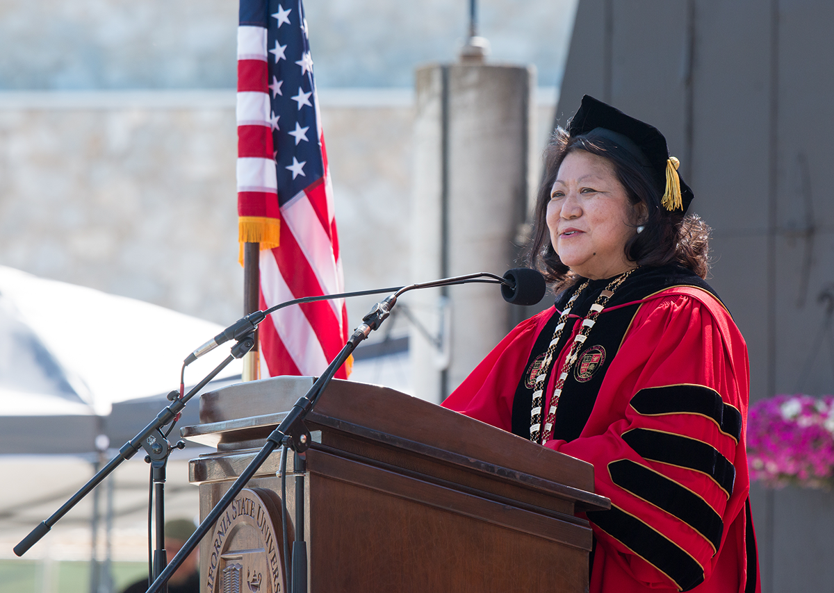 Stanislaus State President Ellen Junn speaking at graduation ceremony