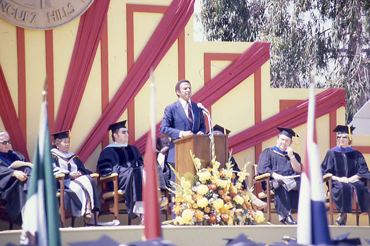 Former Ambassador to the United Nations Andrew Young speaks during commencement on June 14, 1980. 