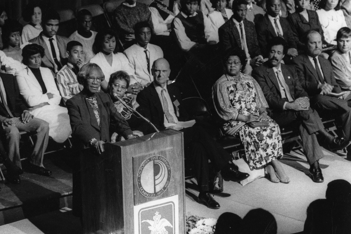 Congresswoman Shirley Chisholm speaks at CSUDH in February 1988.
