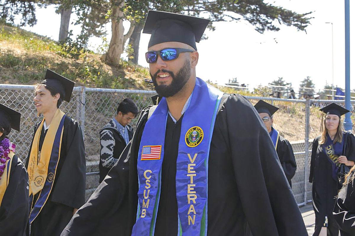 United States Army veteran Clifford Andrews flashes a smile during CSU Monterey Bay’s commencement. 