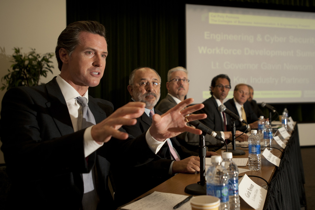 Governor Gavin Newsom, then Lieutenant-Governor, speaks during an Engineering and Cyber Security Workforce Development Summit.