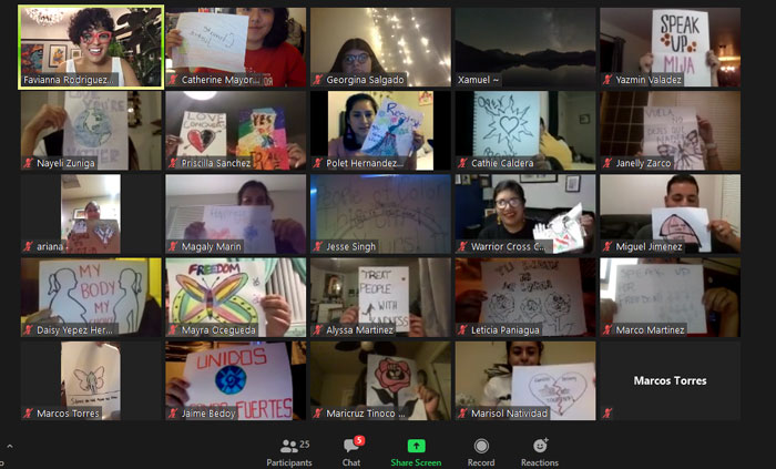 Social Justice Artist Favianna Rodriguez leads Stanislaus State students in a poster-making session via Zoom.